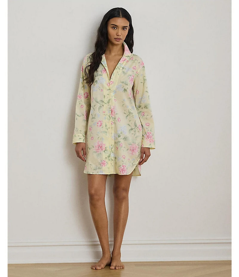 Lauren Ralph Lauren Floral Print Long Sleeve Notch Collar Woven Button Front Sleepshirt