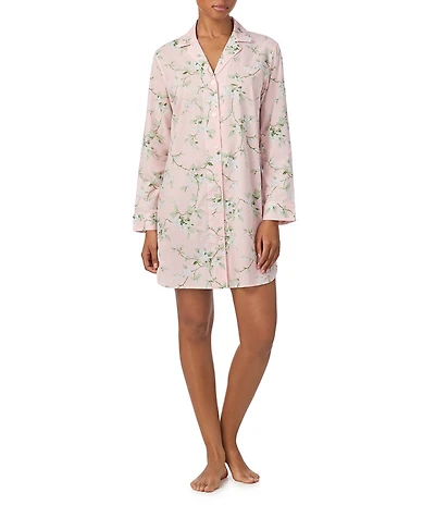 Lauren Ralph Lauren Floral Print Long Sleeve Notch Collar Woven Button Front Sleepshirt