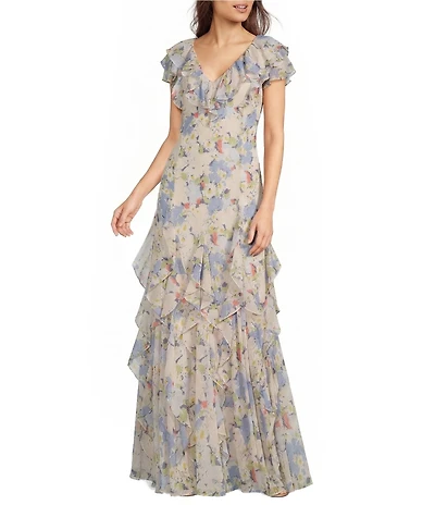 Lauren Ralph Lauren Floral Print Ruffle Trim Georgette Gown