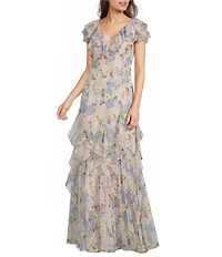 Lauren Ralph Lauren Floral Print Ruffle Trim Georgette Gown