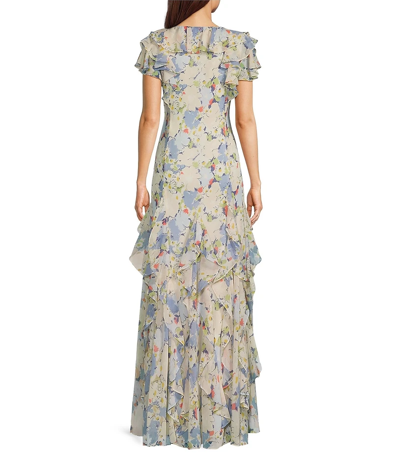 Lauren Ralph Lauren Floral Print Ruffle Trim Georgette Gown
