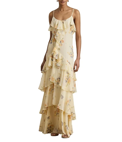 Lauren Ralph Lauren Floral Print Ruffle Trim Georgette Long Dress