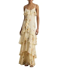 Lauren Ralph Lauren Floral Print Ruffle Trim Georgette Long Dress