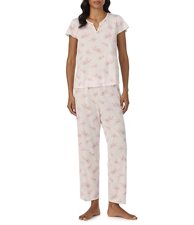 Lauren Ralph Lauren Floral Print Short Flutter Sleeve Split Neck Textured Knit Pant Pajama Set