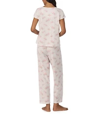 Lauren Ralph Lauren Floral Print Short Flutter Sleeve Split Neck Textured Knit Pant Pajama Set