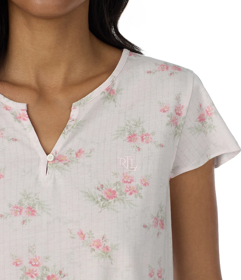 Lauren Ralph Lauren Floral Print Short Flutter Sleeve Split Neck Textured Knit Pant Pajama Set