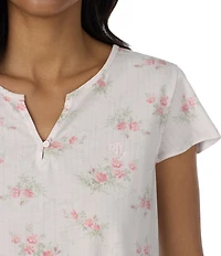 Lauren Ralph Lauren Floral Print Short Flutter Sleeve Split Neck Textured Knit Pant Pajama Set
