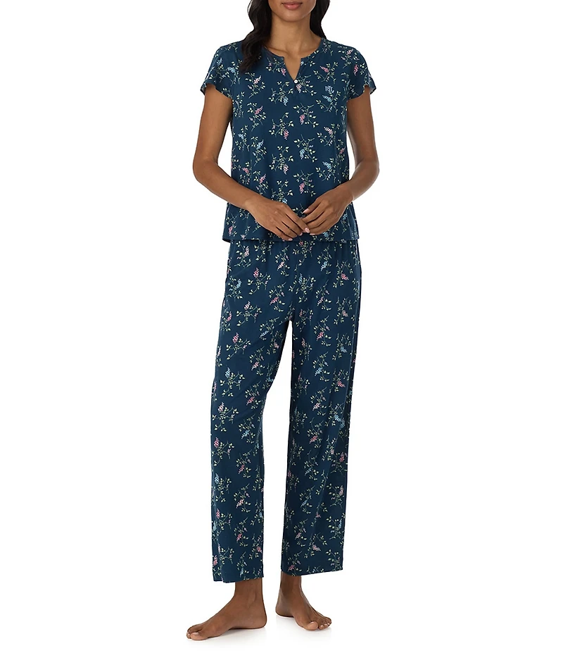 Lauren Ralph Lauren Floral Print Short Flutter Sleeve Split Neck Textured Knit Pant Pajama Set