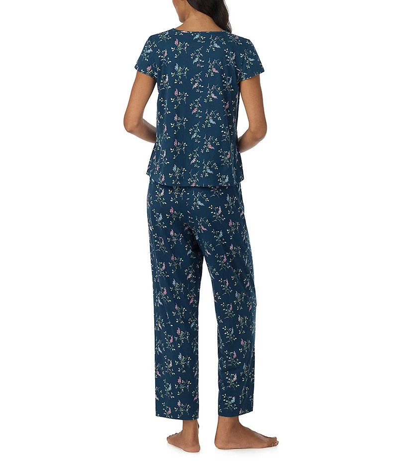 Lauren Ralph Lauren Floral Print Short Flutter Sleeve Split Neck Textured Knit Pant Pajama Set