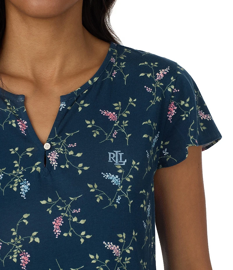 Lauren Ralph Lauren Floral Print Short Flutter Sleeve Split Neck Textured Knit Pant Pajama Set