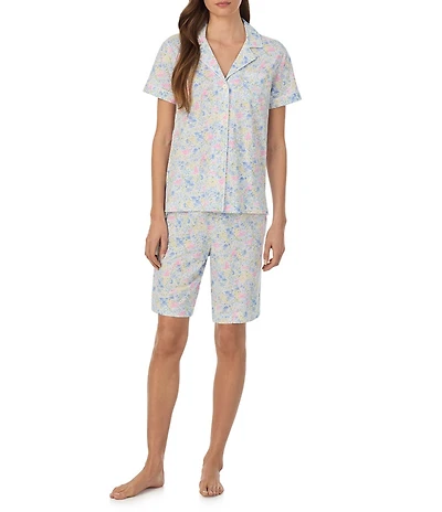 Lauren Ralph Lauren Floral Print Short Sleeve Notch Collar Jersey Knit Bermuda Short Pajama Set