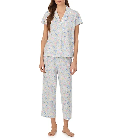 Lauren Ralph Lauren Floral Print Short Sleeve Notch Collar Jersey Knit Cropped Pajama Set