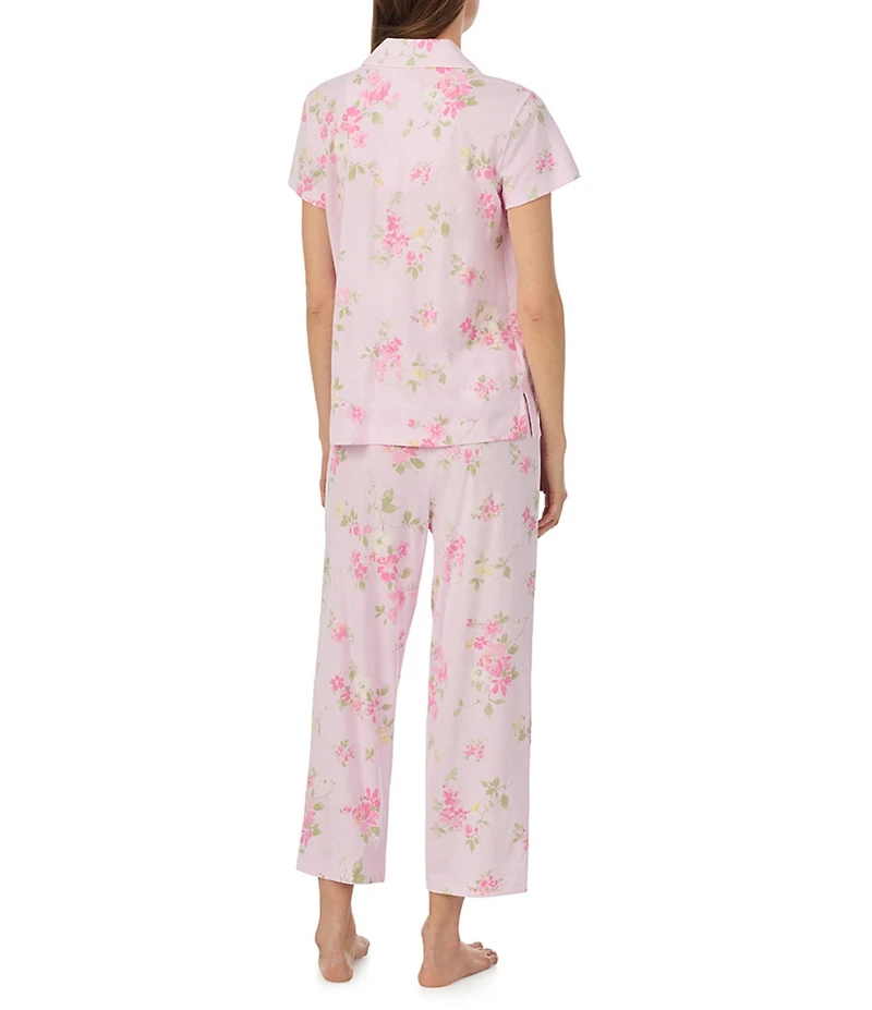 Lauren Ralph Lauren Floral Print Short Sleeve Notch Collar Jersey Knit Cropped Pajama Set