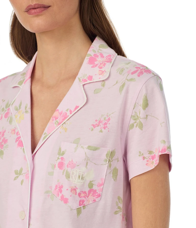 Lauren Ralph Lauren Floral Print Short Sleeve Notch Collar Jersey Knit Cropped Pajama Set