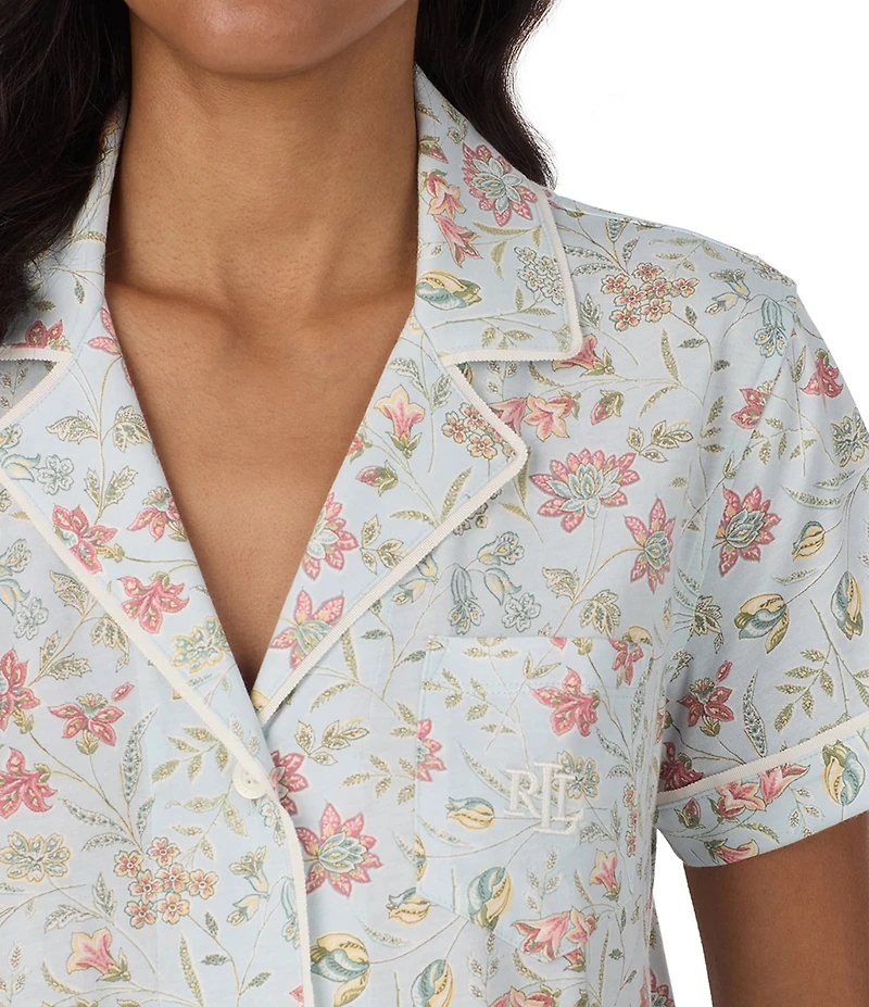Lauren Ralph Lauren Floral Print Short Sleeve Notch Collar Jersey Knit Ankle Pajama Set