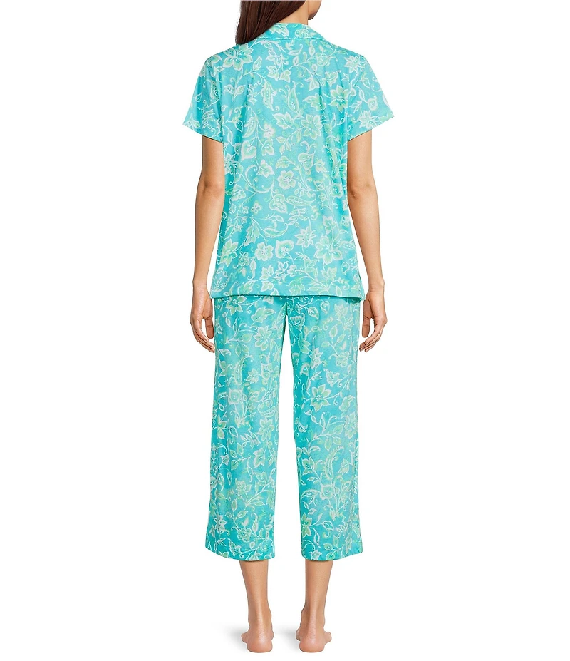 Lauren Ralph Lauren Floral Print Short Sleeve Notch Collar Knit Cropped Pajama Set