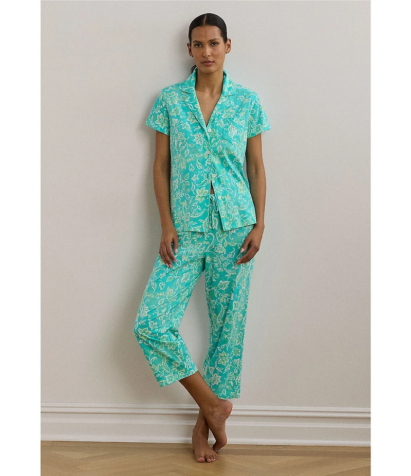 Lauren Ralph Lauren Floral Print Short Sleeve Notch Collar Knit Cropped Pajama Set