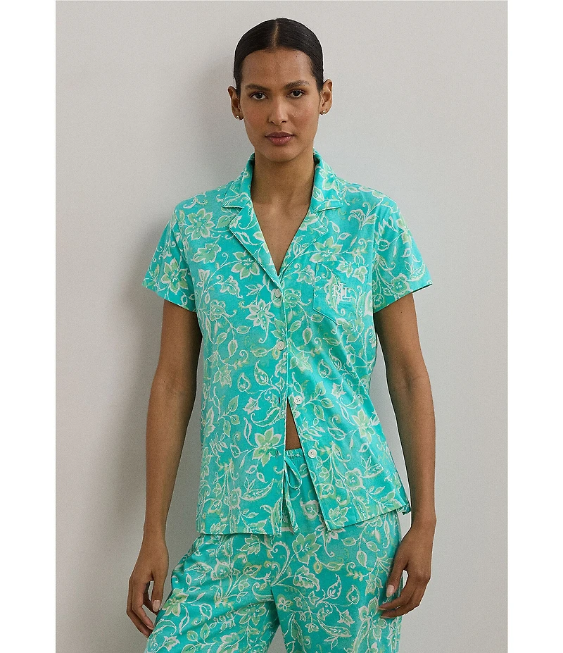 Lauren Ralph Lauren Floral Print Short Sleeve Notch Collar Knit Cropped Pajama Set