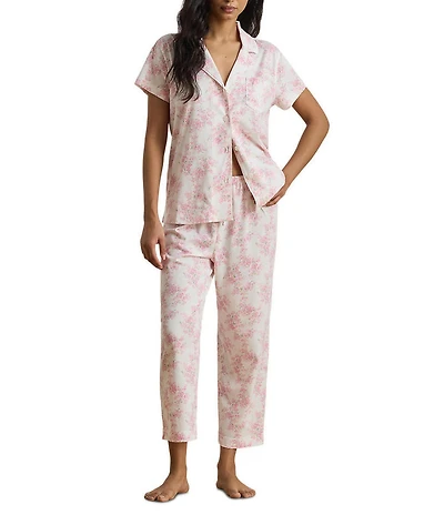 Lauren Ralph Lauren Floral Print Short Sleeve Notch Collar Knit Cropped Pajama Set