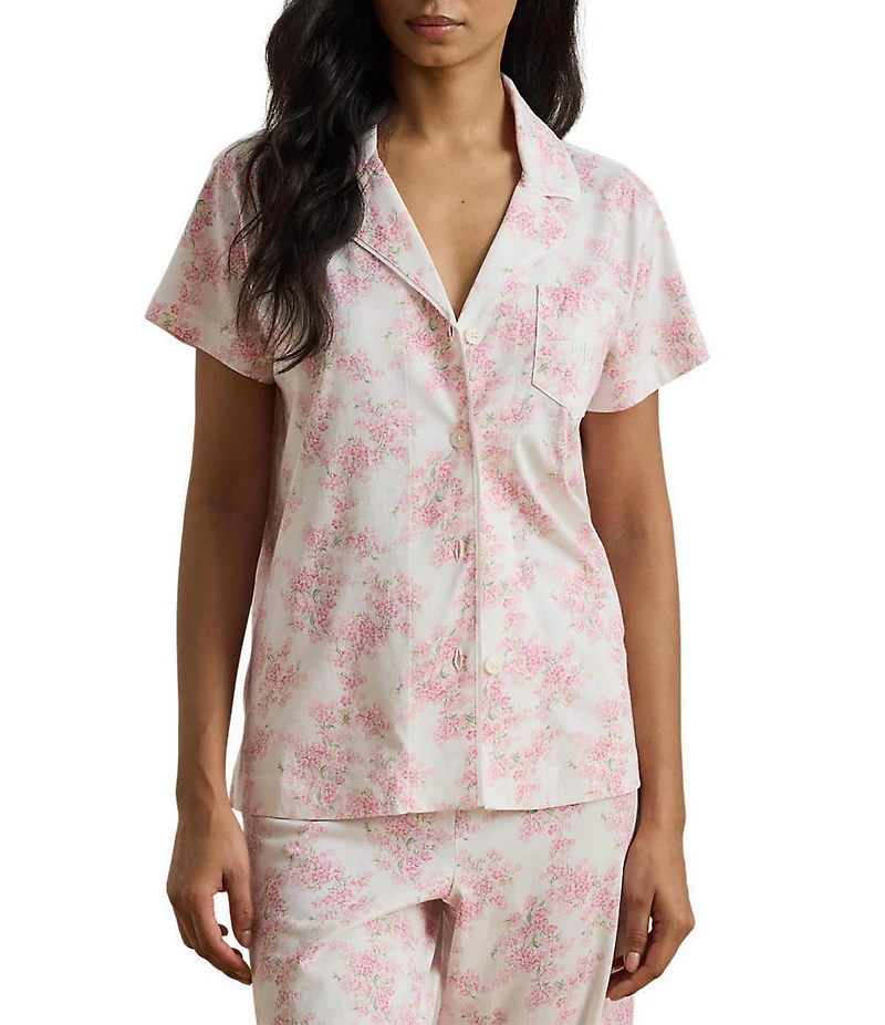 Lauren Ralph Lauren Floral Print Short Sleeve Notch Collar Knit Cropped Pajama Set