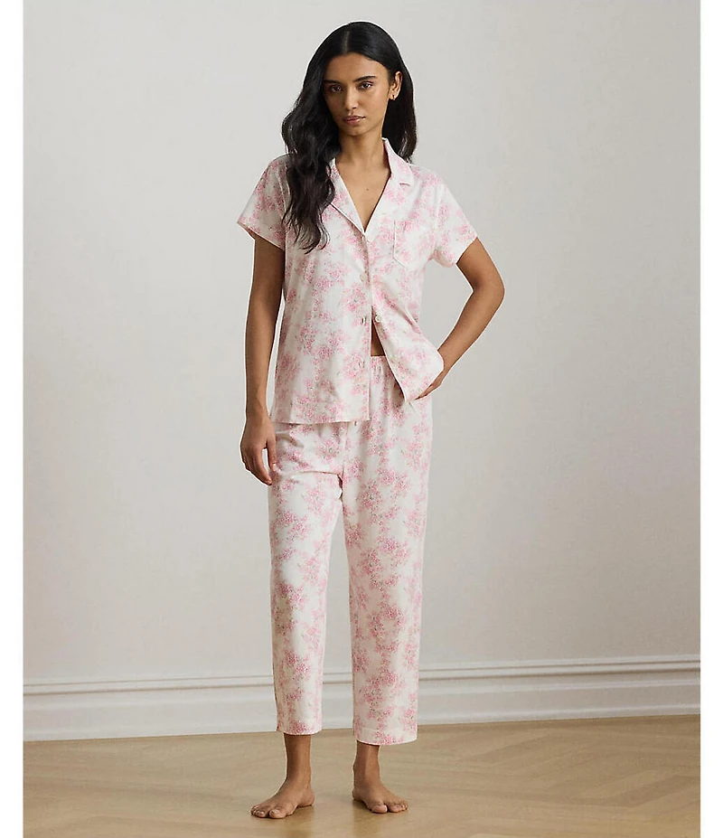 Lauren Ralph Lauren Floral Print Short Sleeve Notch Collar Knit Cropped Pajama Set