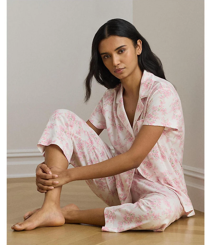 Lauren Ralph Lauren Floral Print Short Sleeve Notch Collar Knit Cropped Pajama Set