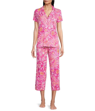 Lauren Ralph Lauren Floral Print Short Sleeve Notch Collar Knit Cropped Pajama Set