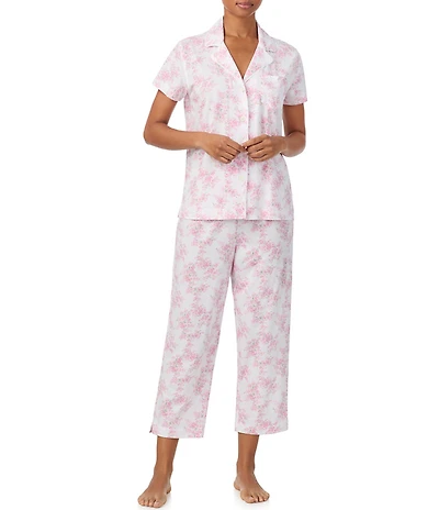 Lauren Ralph Lauren Floral Print Short Sleeve Notch Collar Knit Cropped Pajama Set