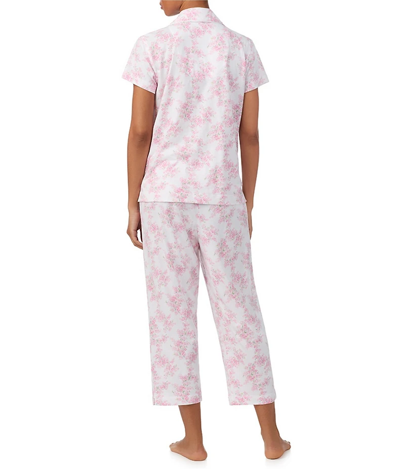 Lauren Ralph Lauren Floral Print Short Sleeve Notch Collar Knit Cropped Pajama Set