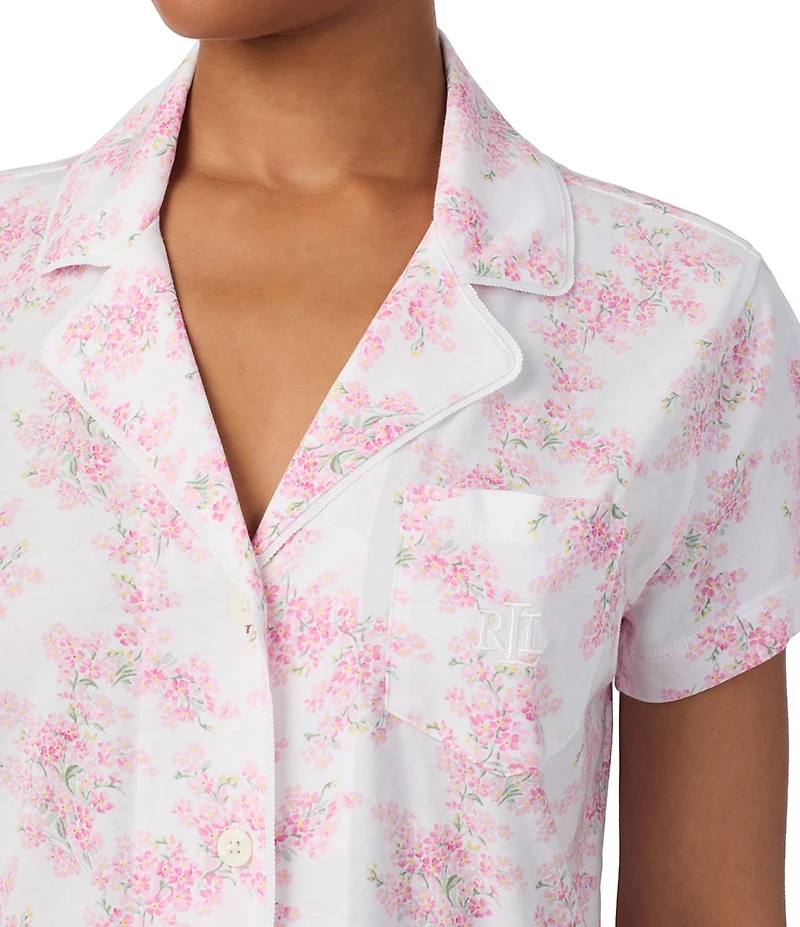 Lauren Ralph Lauren Floral Print Short Sleeve Notch Collar Knit Cropped Pajama Set