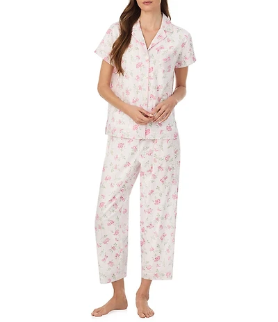 Lauren Ralph Lauren Floral Print Short Sleeve Notch Collar Woven Cropped Pajama Set