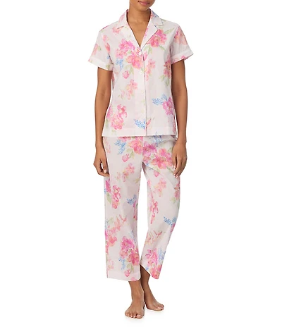 Lauren Ralph Lauren Floral Print Short Sleeve Notch Collar Woven Cropped Pajama Set