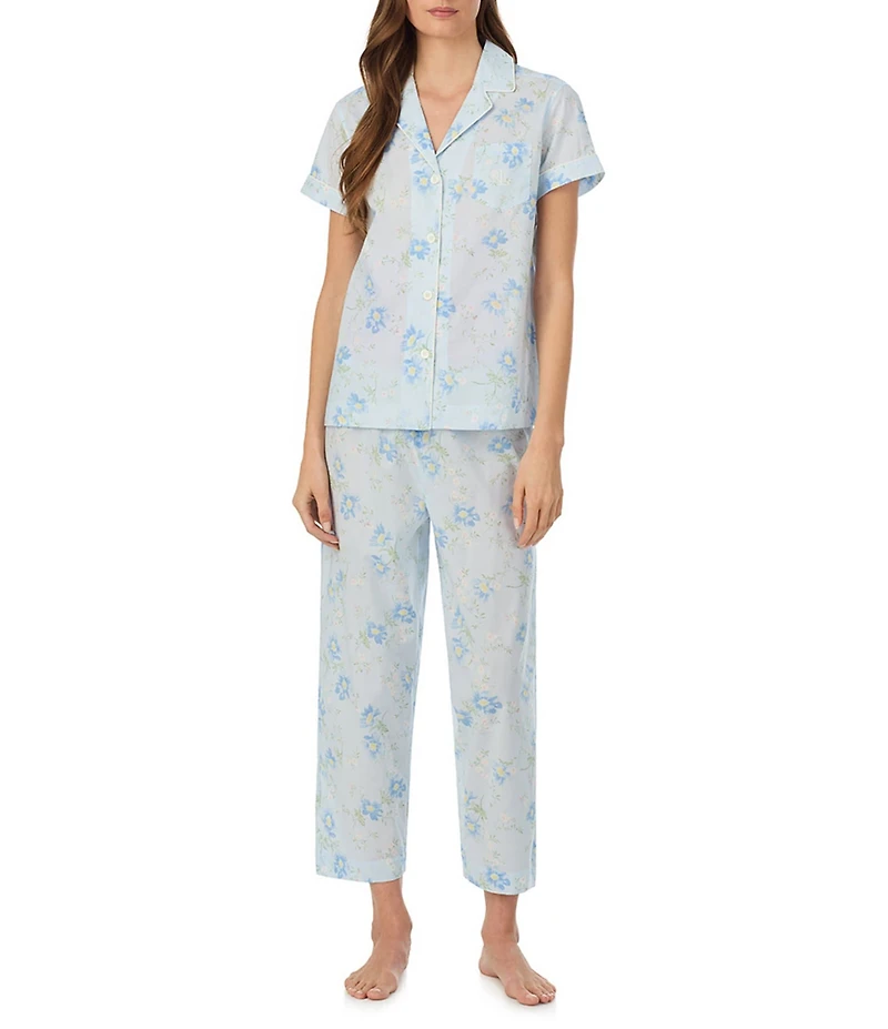 Lauren Ralph Lauren Floral Print Short Sleeve Notch Collar Woven Cropped Pajama Set
