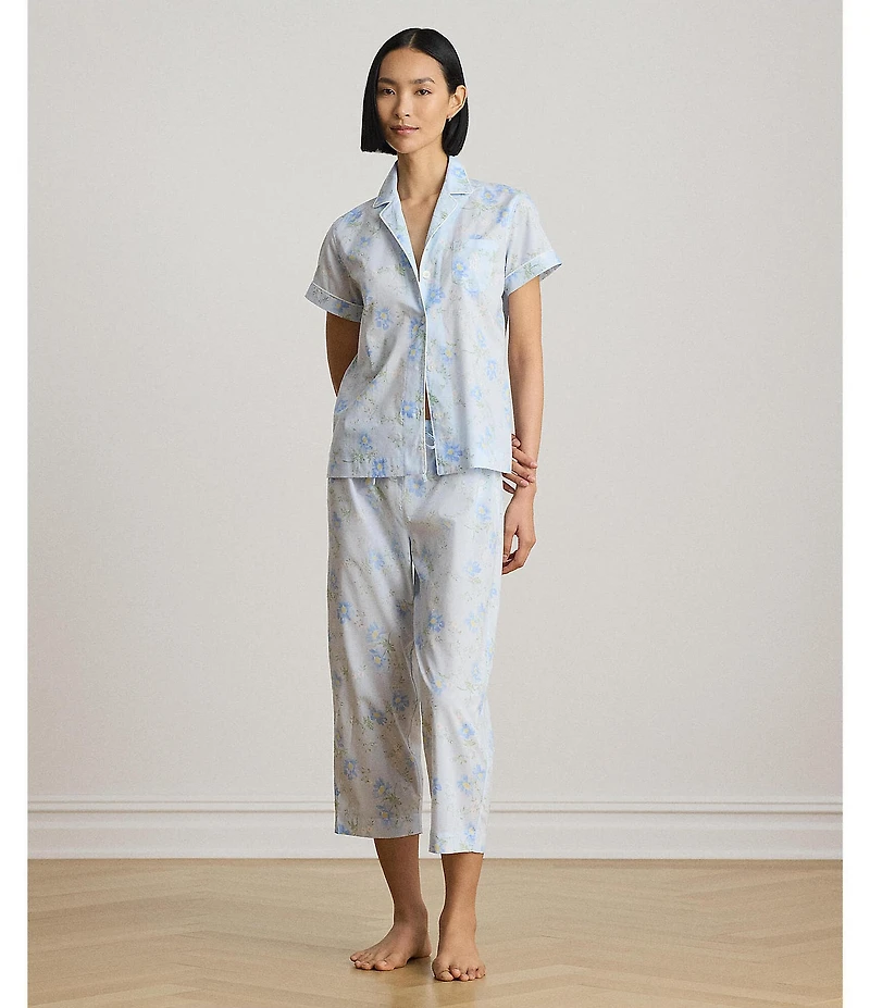 Lauren Ralph Lauren Floral Print Short Sleeve Notch Collar Woven Cropped Pajama Set