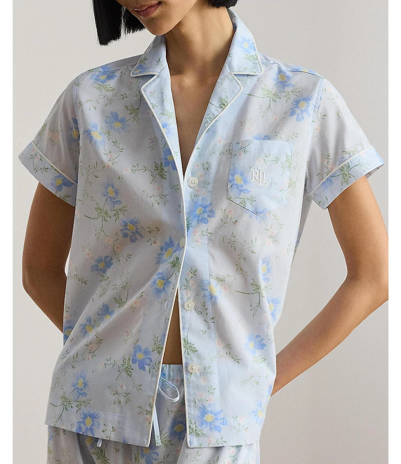 Lauren Ralph Lauren Floral Print Short Sleeve Notch Collar Woven Cropped Pajama Set
