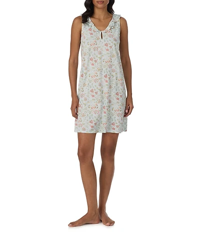 Lauren Ralph Lauren Floral Print Sleeveless Flutter Neck Jersey Knit Nightgown