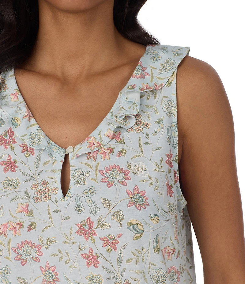 Lauren Ralph Lauren Floral Print Sleeveless Flutter Neck Jersey Knit Nightgown