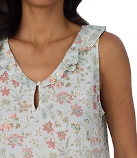 Lauren Ralph Lauren Floral Print Sleeveless Flutter Neck Jersey Knit Nightgown