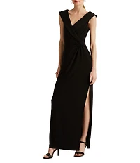 Lauren Ralph Lauren Fold Over Collar V-Neck Sleeveless Side Slit Gown