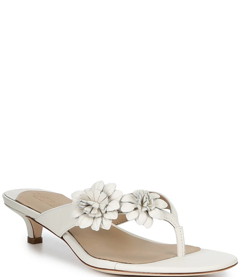 Lauren Ralph Lauren Francesca Leather Flowers Kitten Heel Thong Slide Sandals