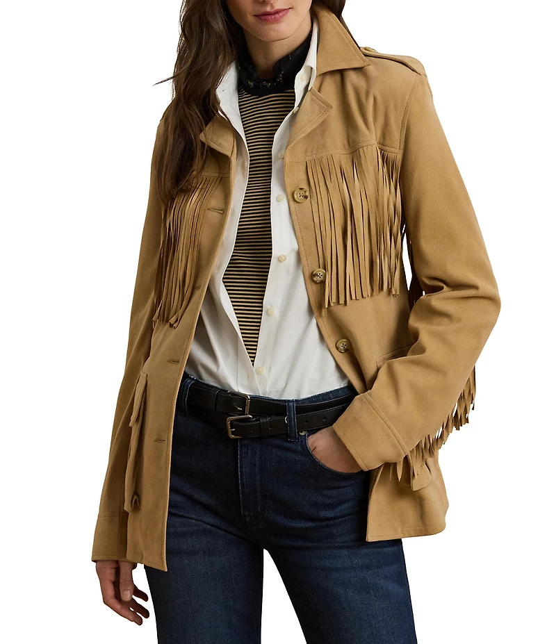 Lauren Ralph Lauren Fringe Trim Goat Suede Notch Collar Belted Jacket