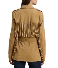Lauren Ralph Lauren Fringe Trim Goat Suede Notch Collar Belted Jacket