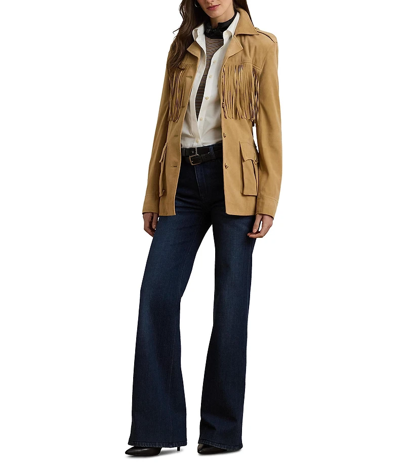 Lauren Ralph Lauren Fringe Trim Goat Suede Notch Collar Belted Jacket