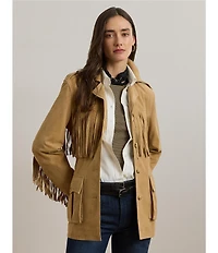 Lauren Ralph Lauren Fringe Trim Goat Suede Notch Collar Belted Jacket