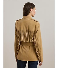 Lauren Ralph Lauren Fringe Trim Goat Suede Notch Collar Belted Jacket