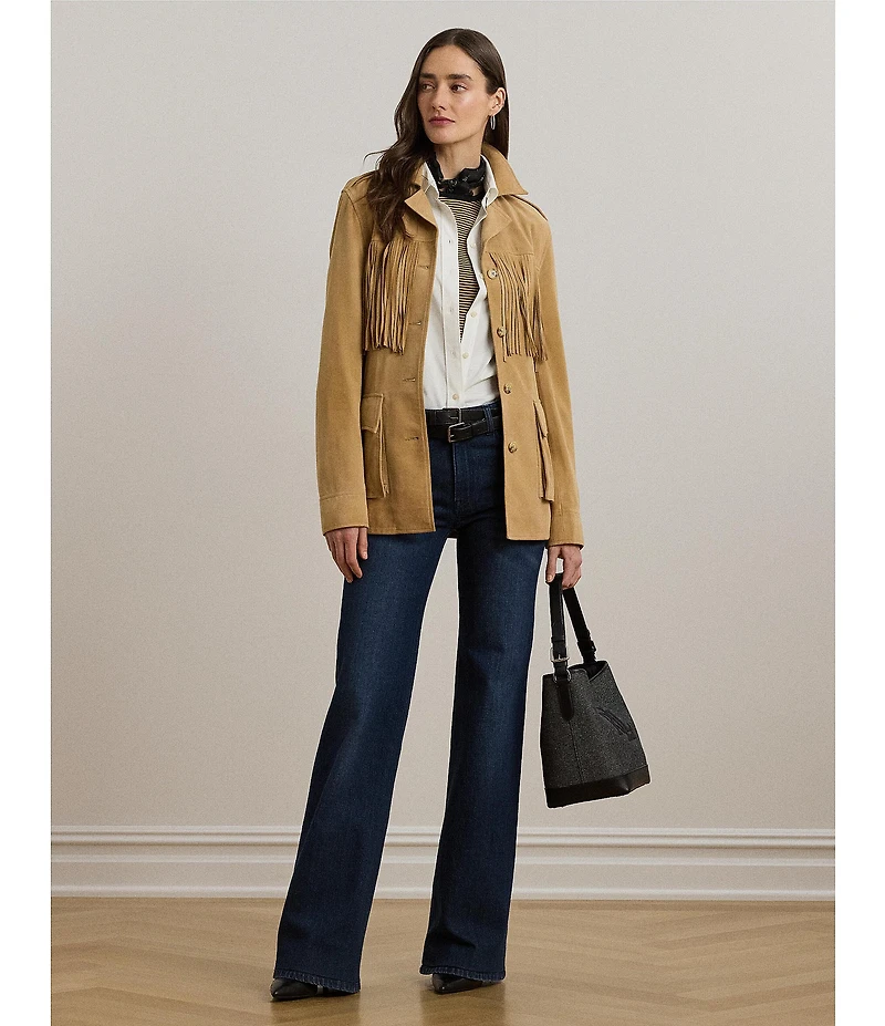 Lauren Ralph Lauren Fringe Trim Goat Suede Notch Collar Belted Jacket