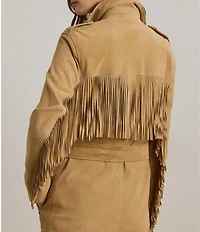 Lauren Ralph Lauren Fringe Trim Goat Suede Notch Collar Belted Jacket