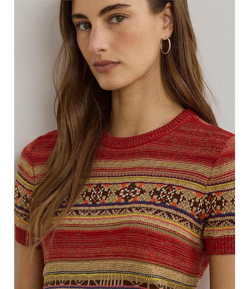 Lauren Ralph Lauren Geometric Stripe Ribbed Crew Neck Short Sleeve Pullover Sweater