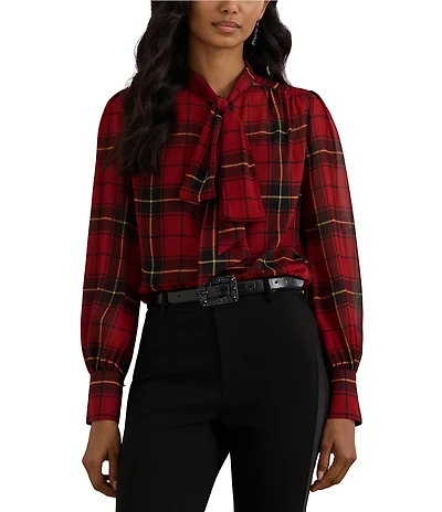 Lauren Ralph Lauren Georgette Checkered Plaid Tie Neck Long Sleeve Blouse
