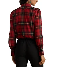 Lauren Ralph Lauren Georgette Checkered Plaid Tie Neck Long Sleeve Blouse